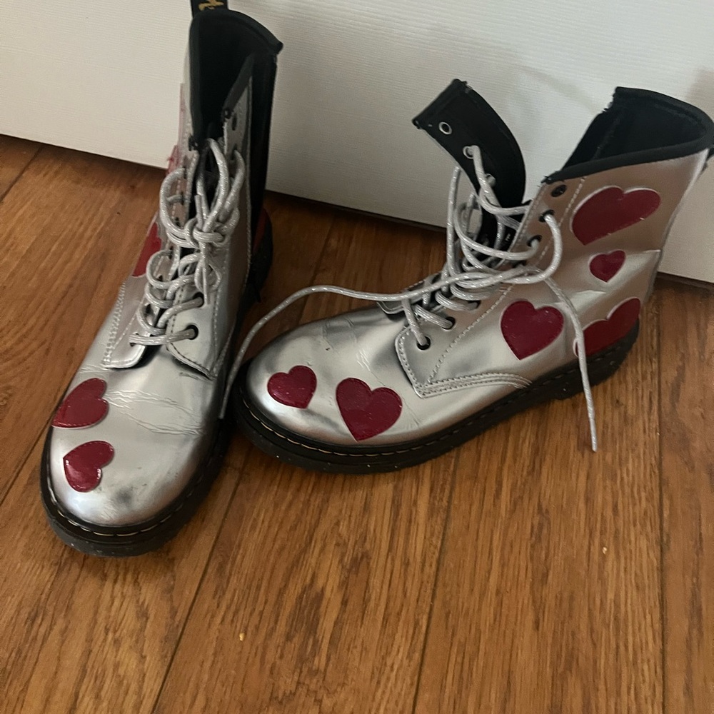 Dr. Martens Silver Combat Boots with Red Hearts